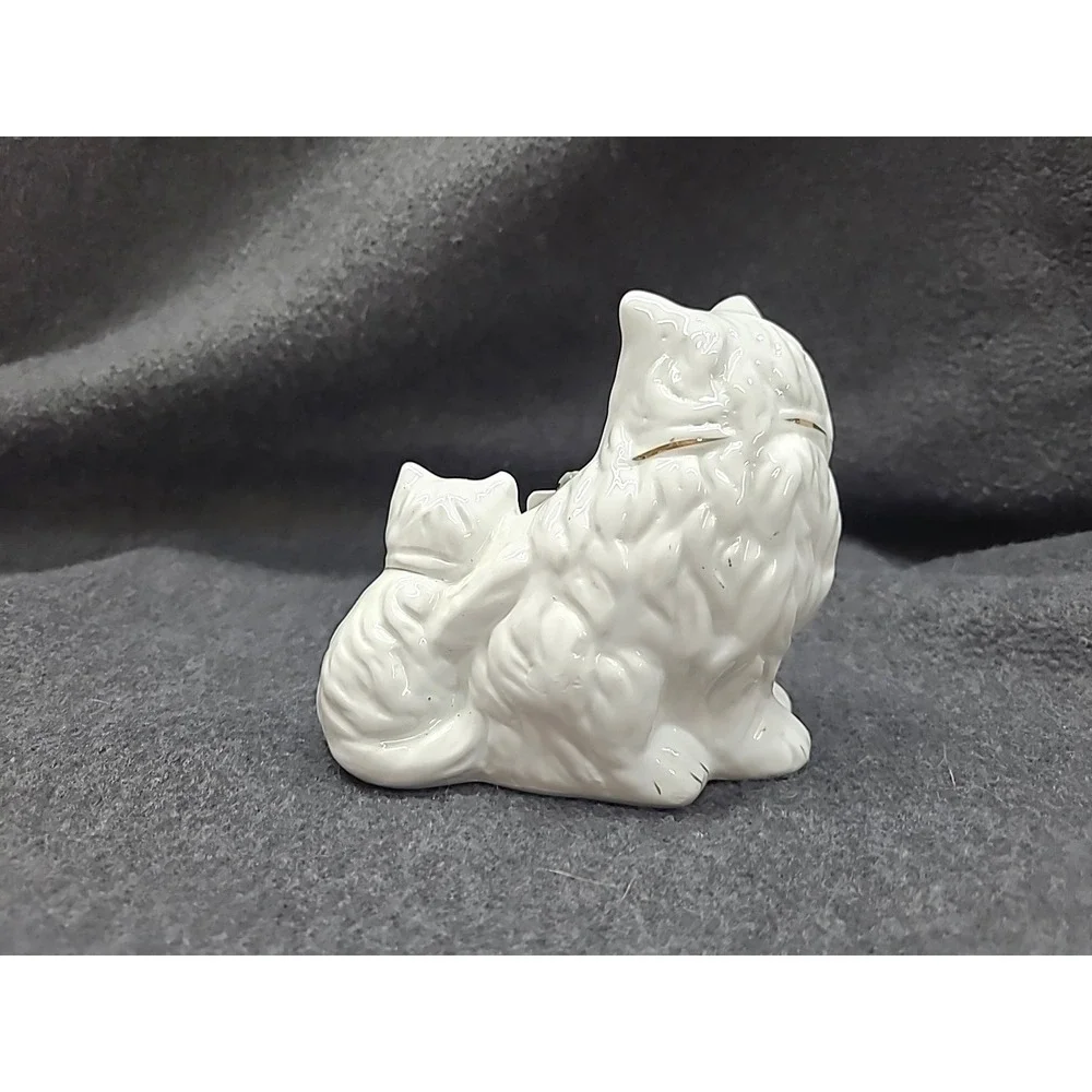 Vtg‎ Porcelain White Persian Mom & Baby Cat Figurine Rose Gold Accents 5